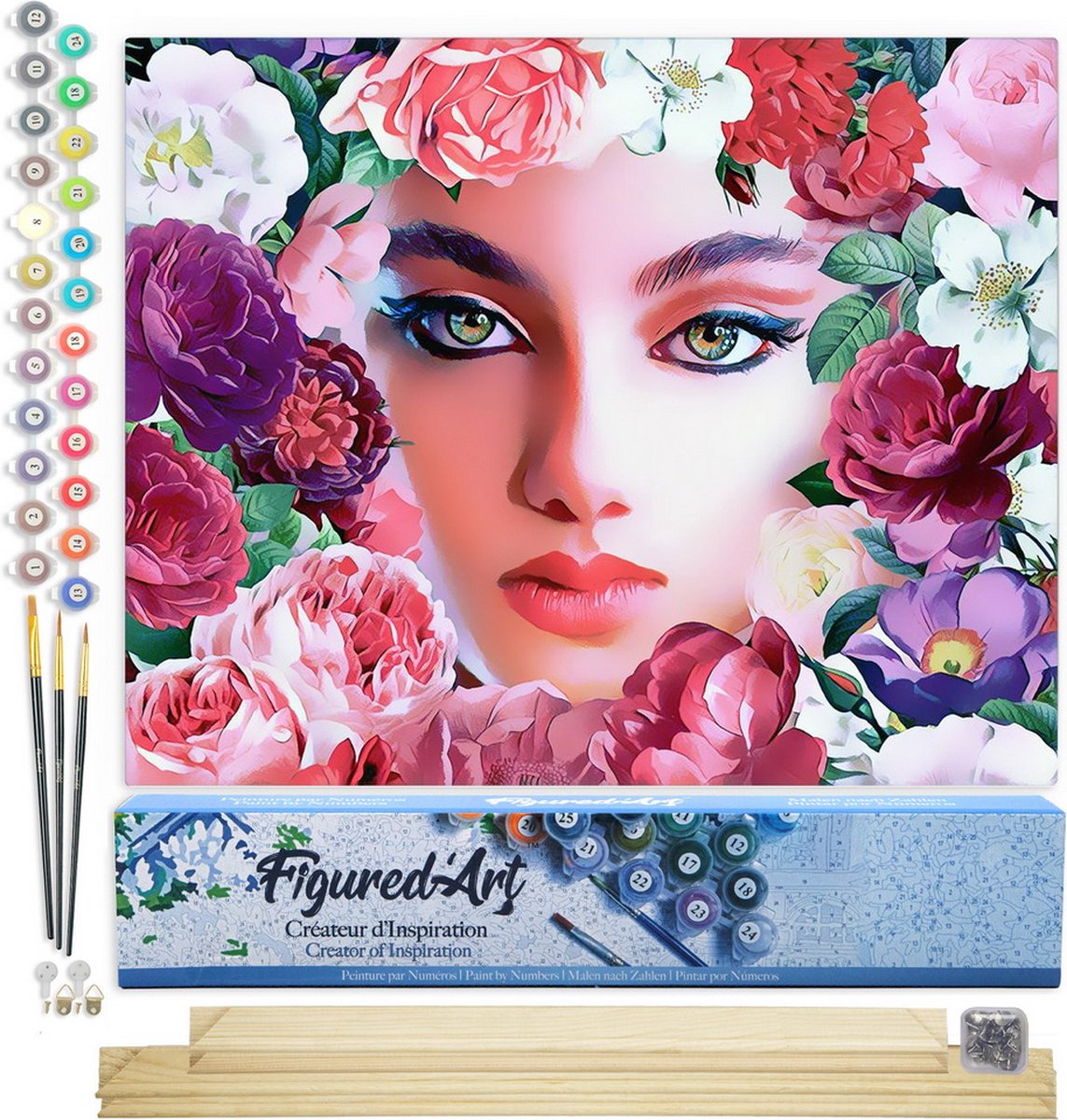 FiguredArt Schilderen op Nummer Volwassenen canvas Gezicht en Bloemen - Handwerk acrylverf Kit DIY Compleet - 40x50cm met DIY houten lijst